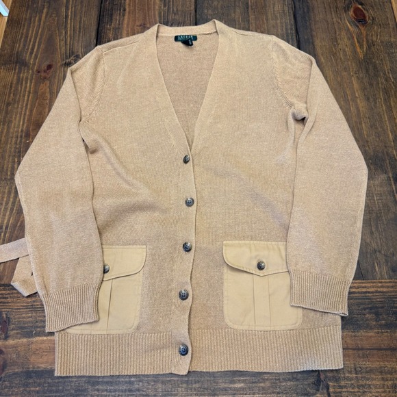 Lauren Ralph Lauren Sweaters - Lauren Ralph Lauren Womens Tan Linen Cotton Belted Cargo Pocket Cardigan Large